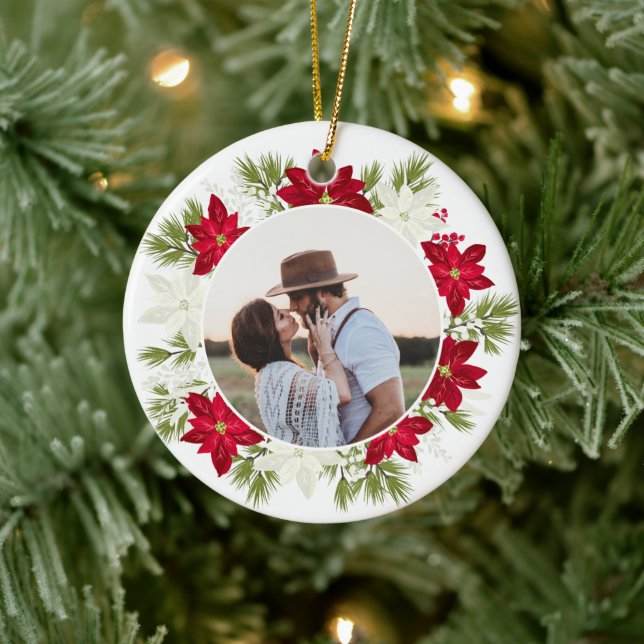 Poinsettia Flower and Pine Round Christmas Ceramic Tree Decoration (Tree)