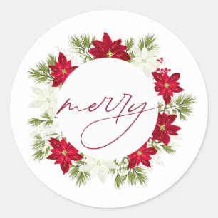 Poinsettia Flower and Pine Round Merry Classic Round Sticker