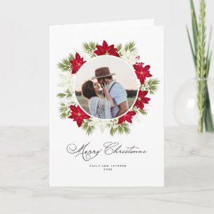 Poinsettia Flower and Pine Round Photo Card