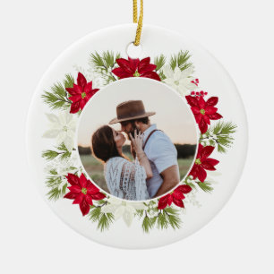 Poinsettia Flower and Pine Round Photo Ceramic Tree Decoration