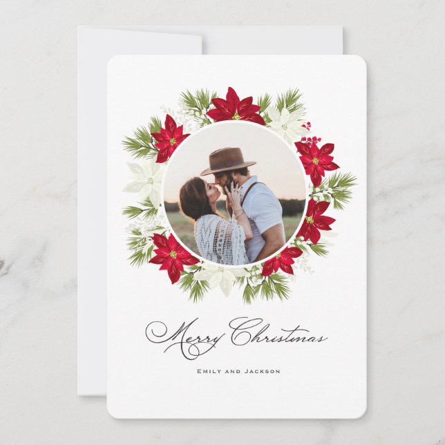 Poinsettia Flower and Pine Round Photo Holiday Card (Front)