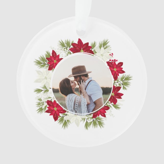 Poinsettia Flower and Pine Round Photo Ornament (Front)