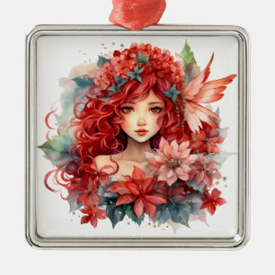 Poinsettia Flower Girl Metal Tree Decoration