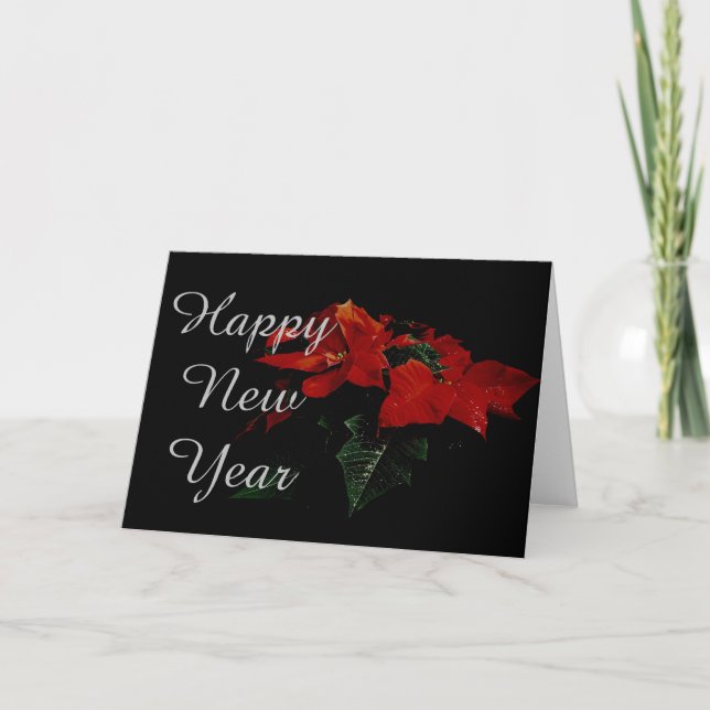 Poinsettia Flower Happy New Year Christmas Family Holiday Card (Front)