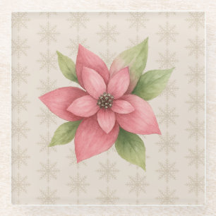 Poinsettia Flower Illustration Snowflake Pattern Glass Coaster