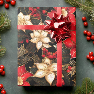 Poinsettia Flower in Black Red Gold Christmas Wrapping Paper