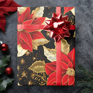 Poinsettia Flower in Gold Leaf Black Christmas Wrapping Paper