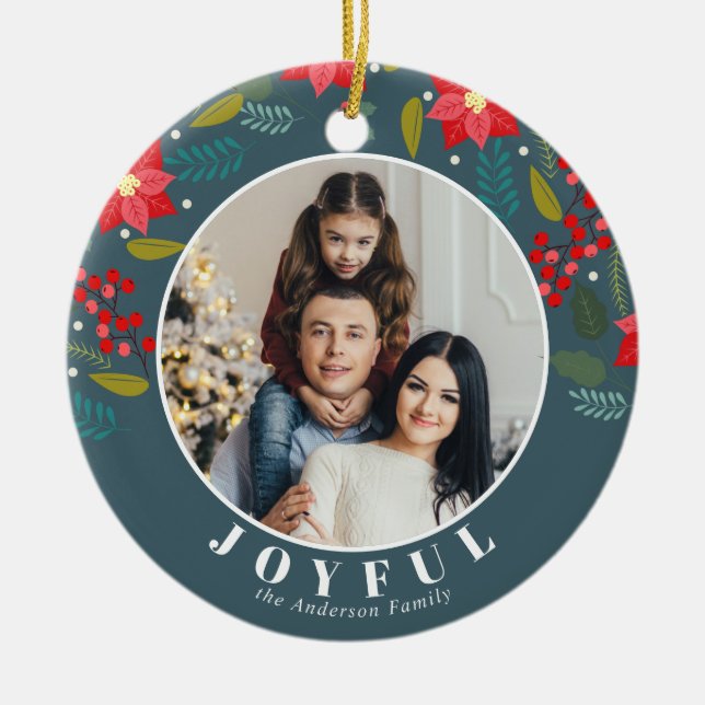 Poinsettia Flower Pattern Photo Joyful Holiday Ceramic Tree Decoration (Front)