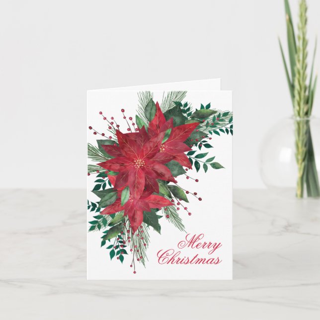 Poinsettia Flower Red and Green Christmas Floral Holiday Card (Front)