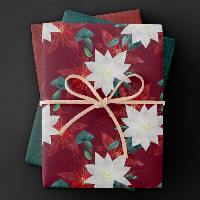 Poinsettia Flower Red and Green Christmas Floral Wrapping Paper Sheet (Creator Uploaded)