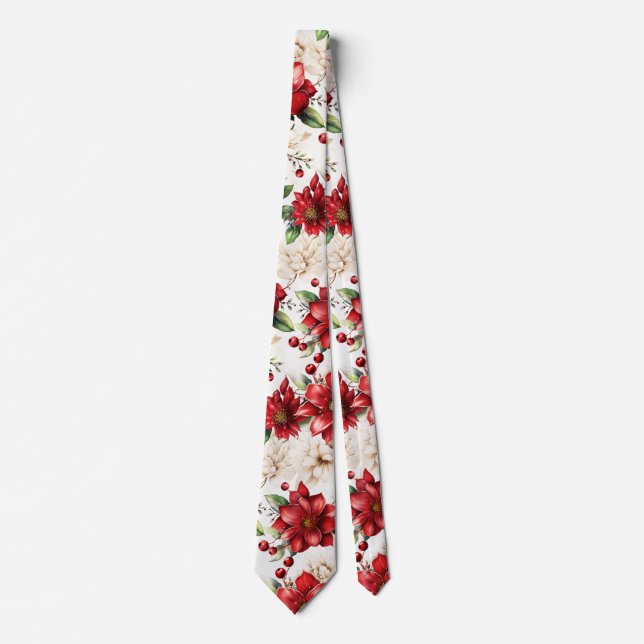Poinsettia Flower Red Floral Pattern Woman Man Tie (Front)