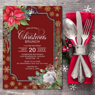 Poinsettia Flower Snowflakes Christmas Brunch Invitation
