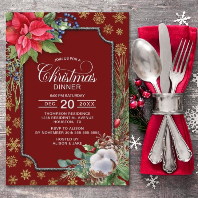  Poinsettia Flower Snowflakes Christmas Dinner Invitation (Creator Uploaded)