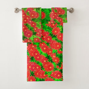 Poinsettia Flowers and Holly Leaves Bath Towel Set
