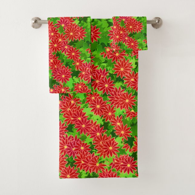 Poinsettia Flowers and Holly Leaves Bath Towel Set (Insitu)