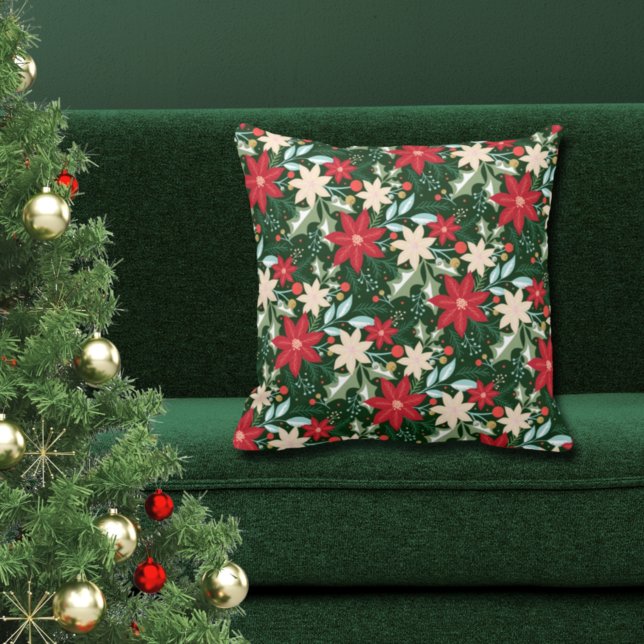 Poinsettia Flowers and Leaves Holiday Christmas Cushion (Creator Uploaded)