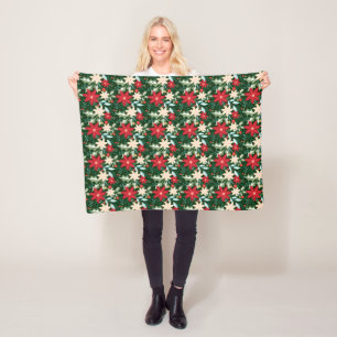 Poinsettia Flowers and Leaves Holiday Christmas Fleece Blanket