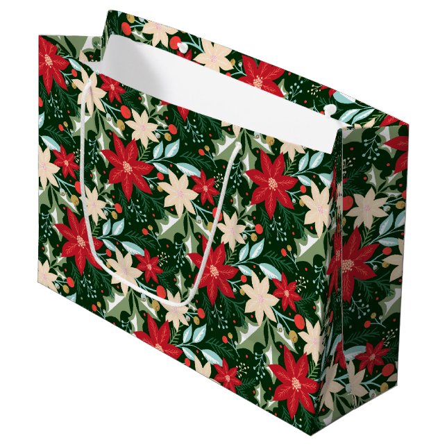 Poinsettia Flowers and Leaves Holiday Christmas Large Gift Bag (Front Angled)