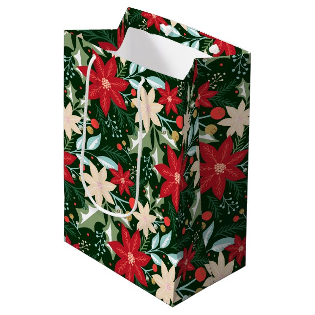 Poinsettia Flowers and Leaves Holiday Christmas Medium Gift Bag (Front Angled)