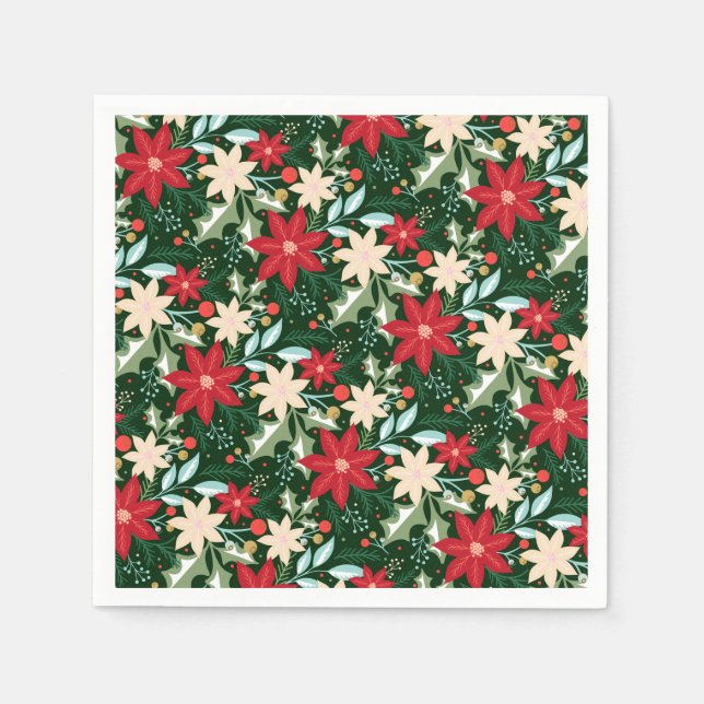 Poinsettia Flowers and Leaves Holiday Christmas Napkin (Front)