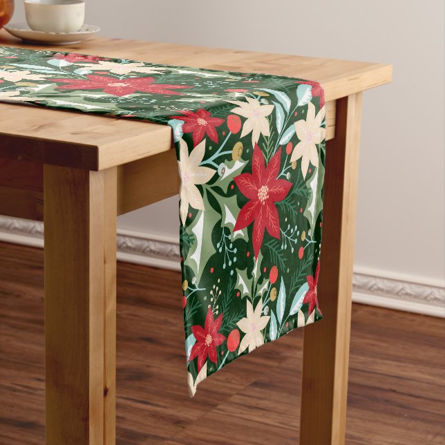 Poinsettia Flowers and Leaves Holiday Christmas Short Table Runner (In Situ)