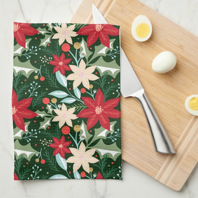 Poinsettia Flowers and Leaves Holiday Christmas Tea Towel (Quarter Fold)