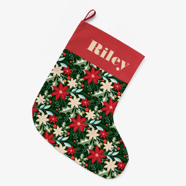 Poinsettia Flowers and Leaves Holiday Large Christmas Stocking (Front (Hanging))