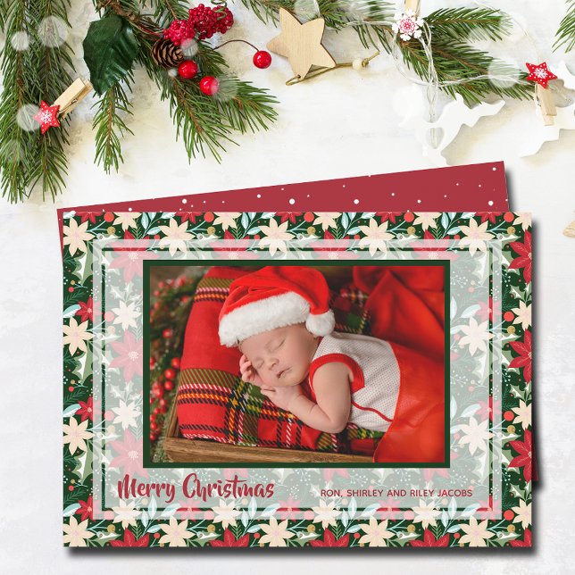 Poinsettia Flowers Christmas Photo Holiday Card (Poinsettia floral Christmas  holiday photo cards)
