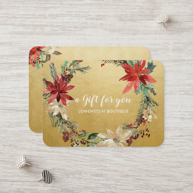 Poinsettia Flowers Faux Gold Foil Gift Certificate (Front/Back In Situ)