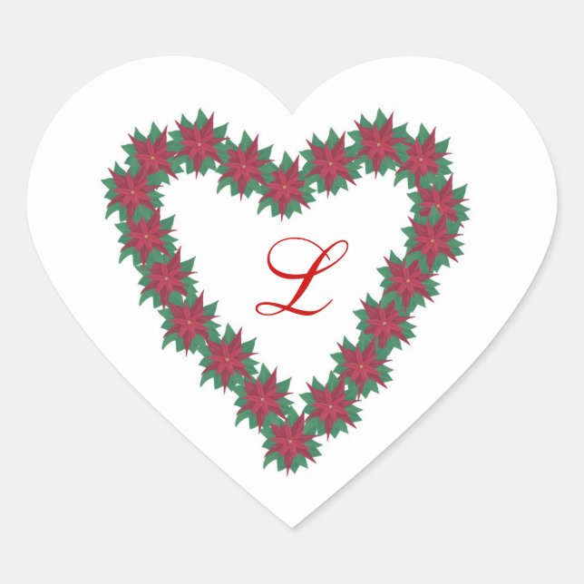 Poinsettia Flowers Heart Shaped Monogram Stickers (Front)