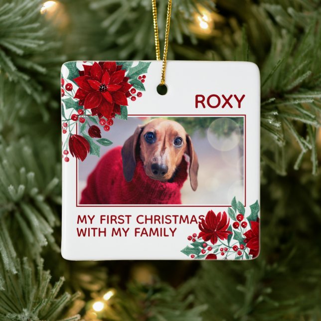 Poinsettia Flowers Ivy Leaves Christmas Pet Photo Ceramic Ornament (Tree)