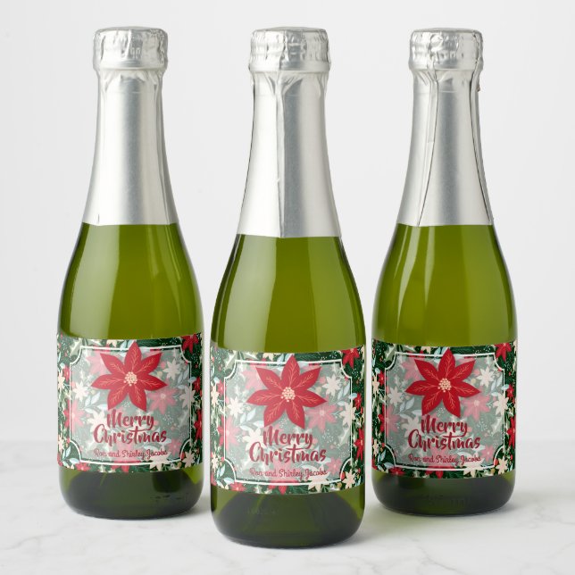 Poinsettia Flowers Leaves Holiday Christmas Mini Sparkling Wine Label (Bottles)
