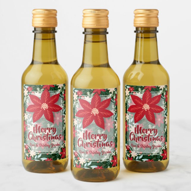 Poinsettia Flowers Leaves Holiday Christmas Mini Wine Label (Bottles)