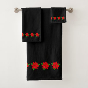 Poinsettia Flowers on Black Bath Towel Set