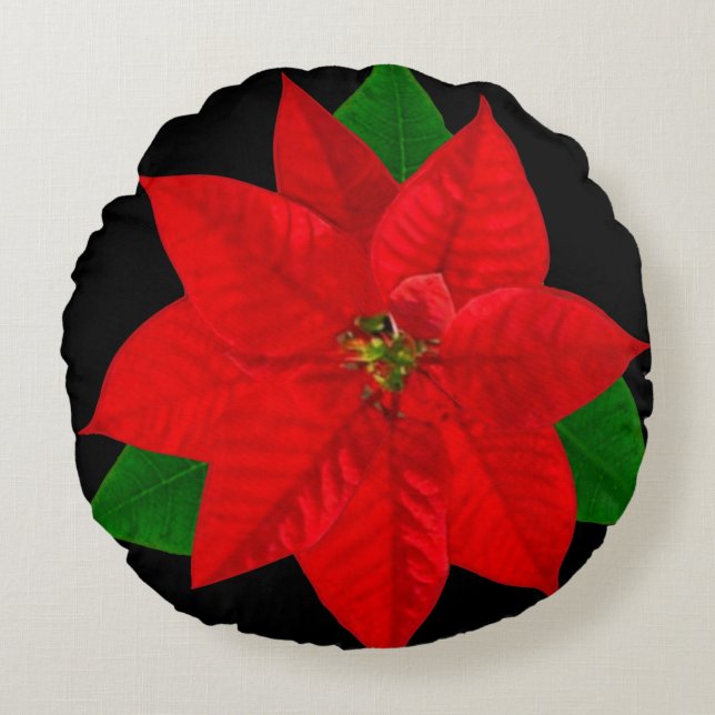 Poinsettia Flowers on Black Round Cushion (Front)
