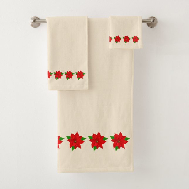 Poinsettia Flowers on Light Champagne Beige Bath Towel Set (Insitu)