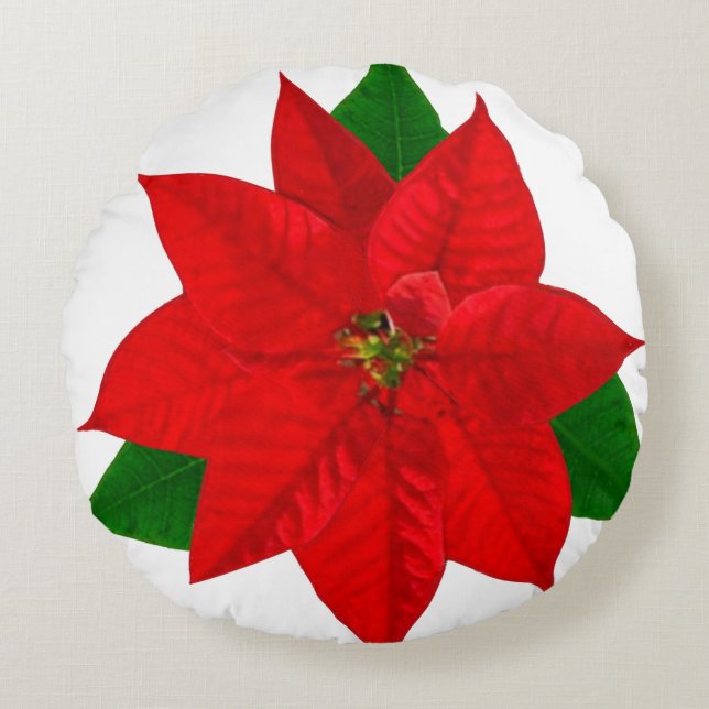Poinsettia Flowers on White Round Cushion (Front)