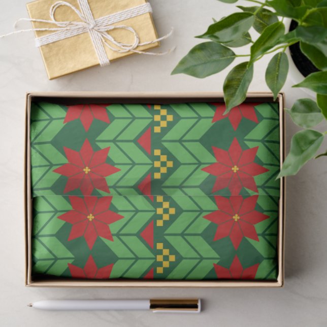 Poinsettia Flowers Red Gold and Green Holiday Tissue Paper (Gift)