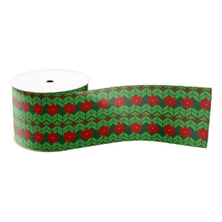 Poinsettia Flowers Red Gold and Green Pretty Grosgrain Ribbon