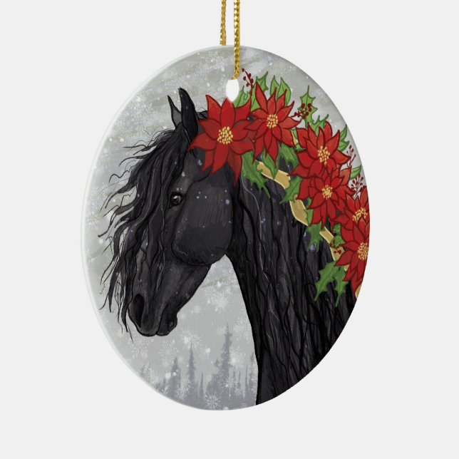 Poinsettia Friesian Horse Ceramic Tree Decoration (Right)