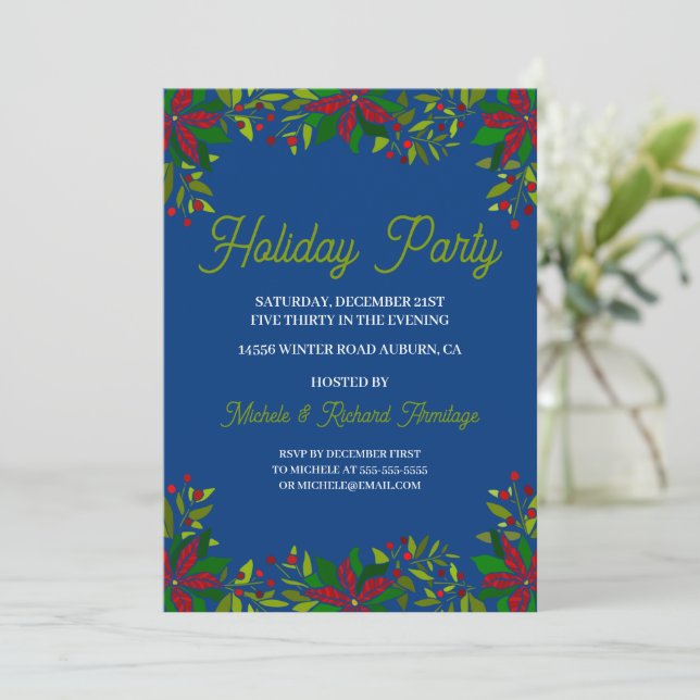 Poinsettia Garland Holiday Party Invitation (Standing Front)