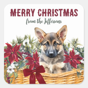 Poinsettia German Shepherd Christmas Basket Square Sticker