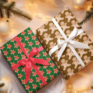 Poinsettia Gingerbread Holly Leaves Wrapping Paper Sheet