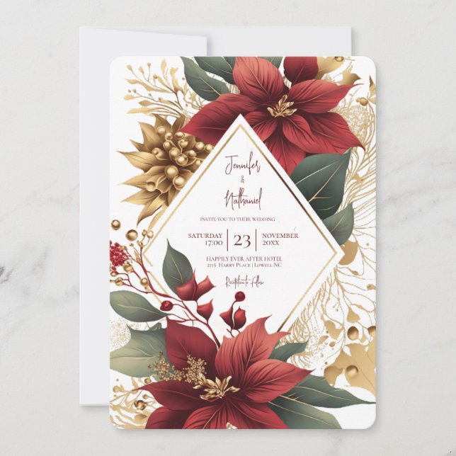 Poinsettia Gold Christmas Festive Wedding Invitation (Front)