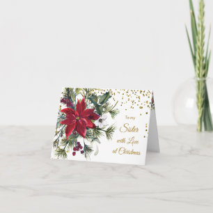 Poinsettia, gold confetti Sister Christmas Card