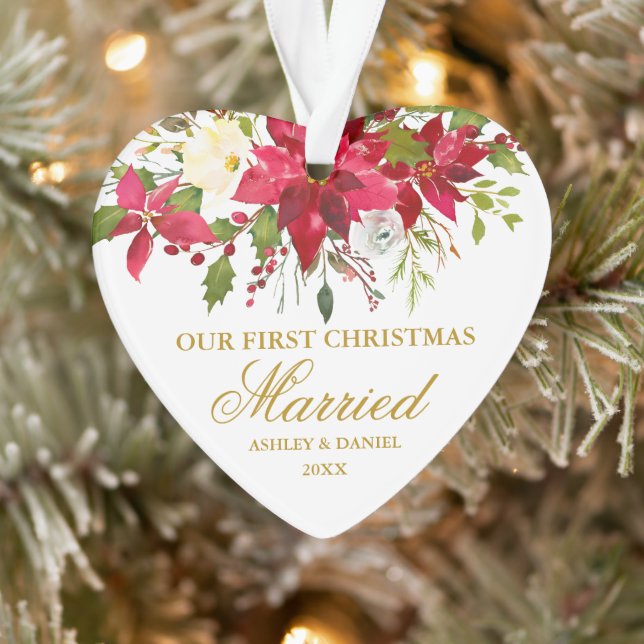 Poinsettia Gold First Christmas Married Heart Ornament (Tree)