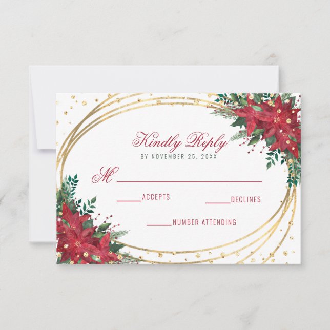 Poinsettia Gold Geometric Christmas Wedding RSVP Card (Front)
