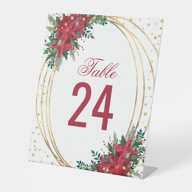Poinsettia Gold Glitter Christmas Wedding Pedestal Sign (Front)