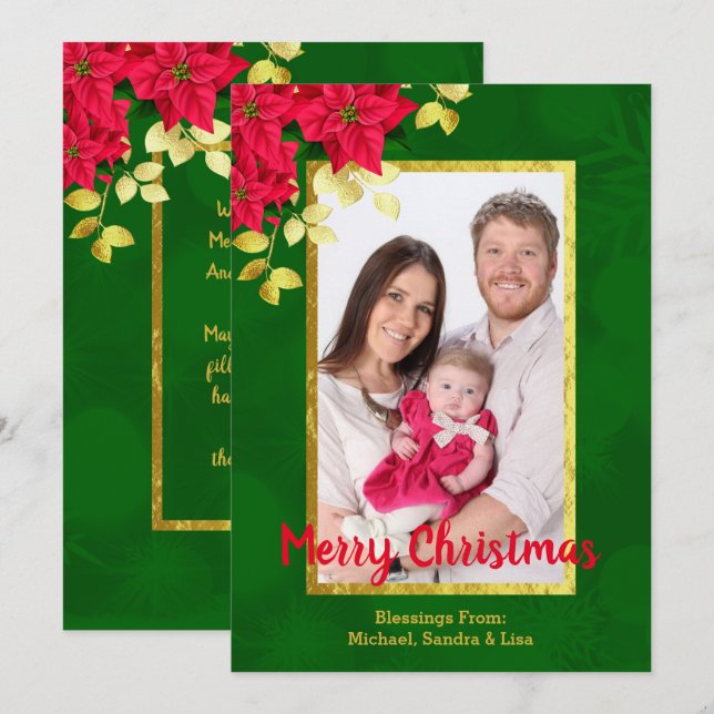 Poinsettia Gold Leaf & Trim Family Photo Christmas Holiday Card (Front/Back)