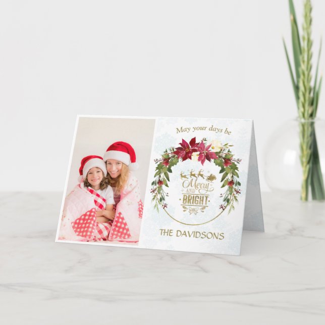 Poinsettia Gold Merry And Bright Photo Christmas Holiday Card (Front)